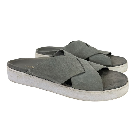 Vionic Lou Gray Wide Criss Cross Strap Slides Genuine Leather Platform Sandals 9 - Picture 1 of 16